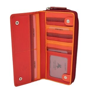 VISCONTI Red Multicolor Italian Leather Zip Around Checkbook Card Large Wallet